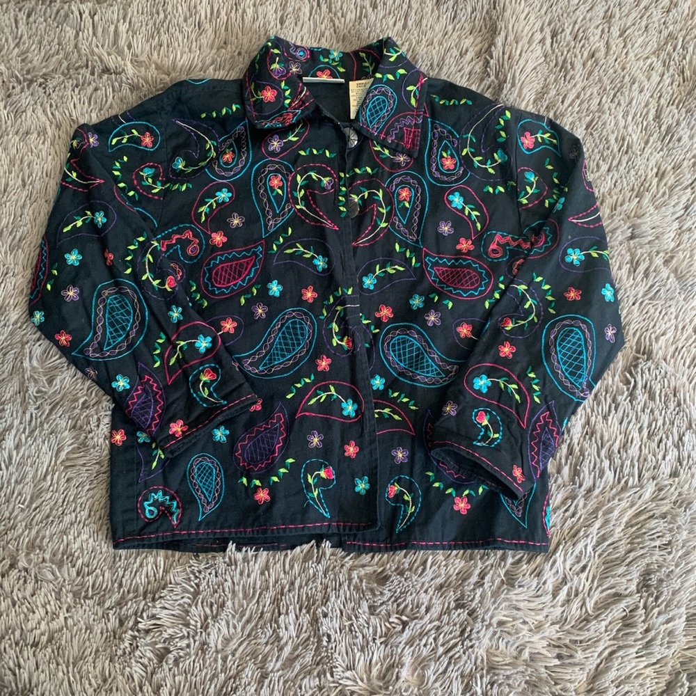 Vintage 1980s multi colored embroidered black Units jacket size small - Picture 1 of 4
